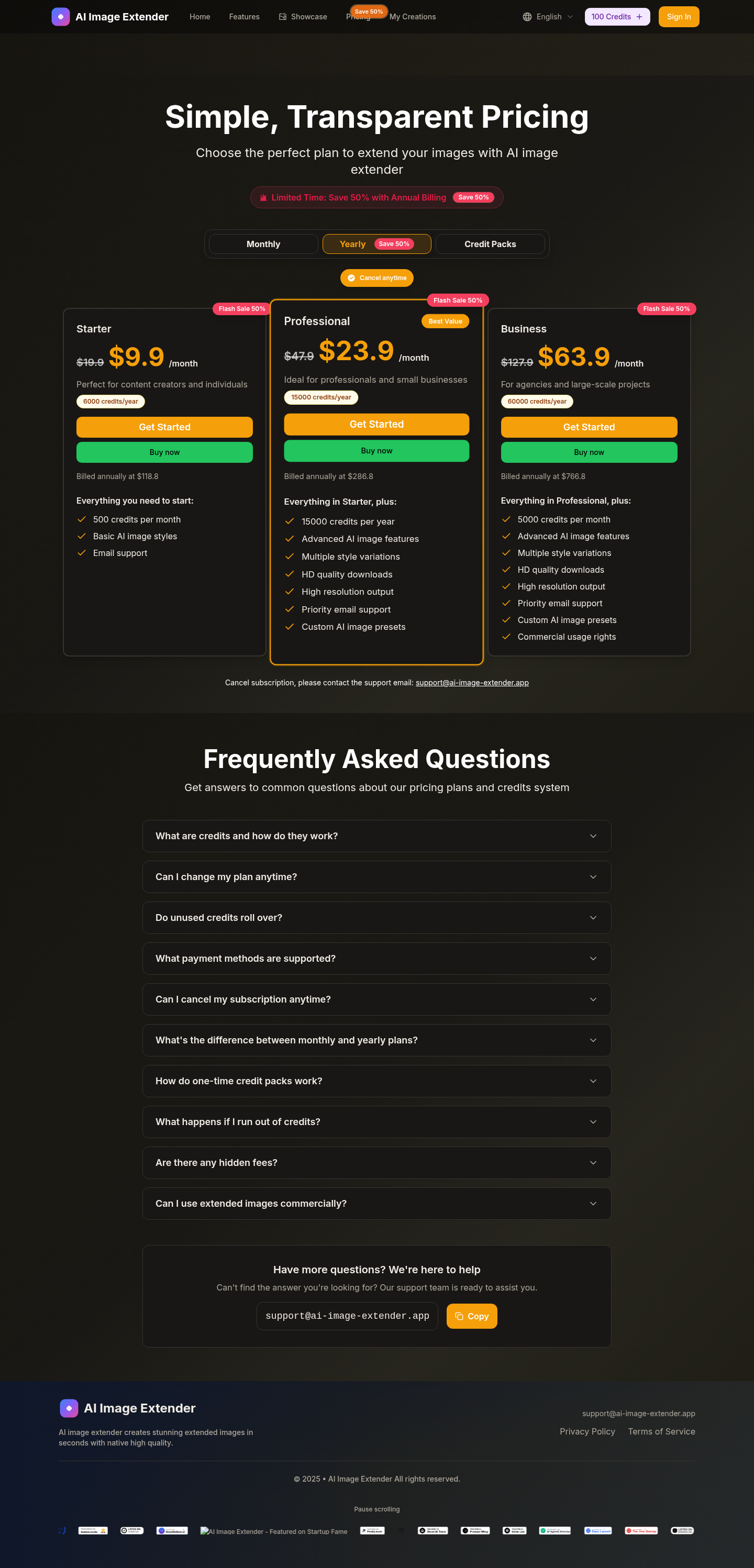 ai-image-extender.app FAQ section, Pricing