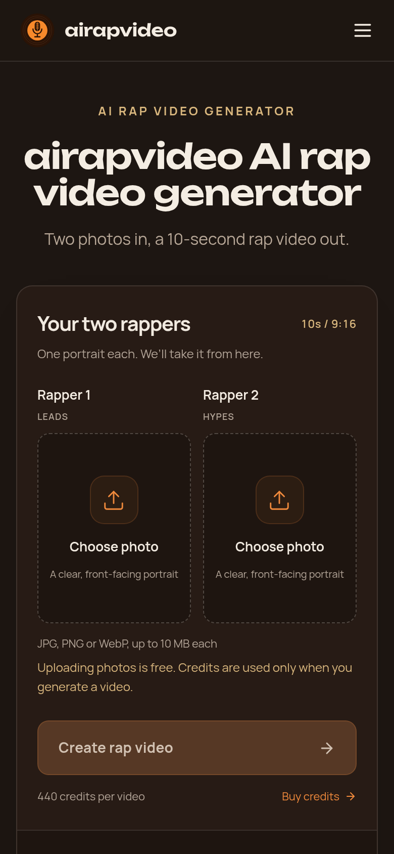 ai-rap-video.me mobile capture of the first page