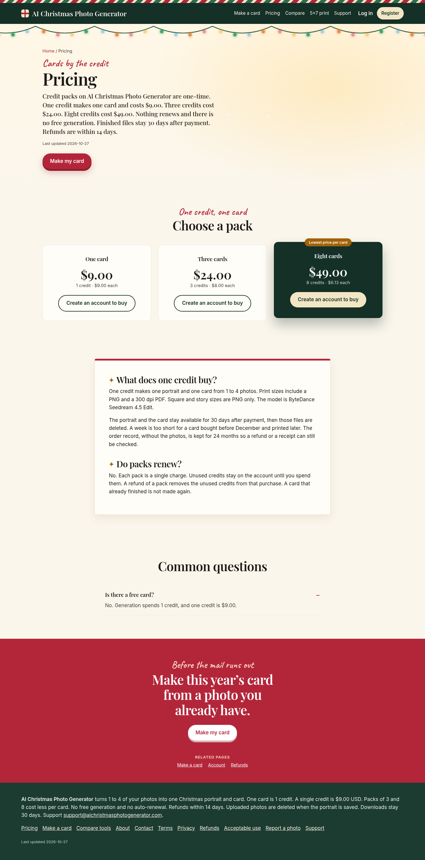 aichristmasphotogenerator.com FAQ section, Pricing