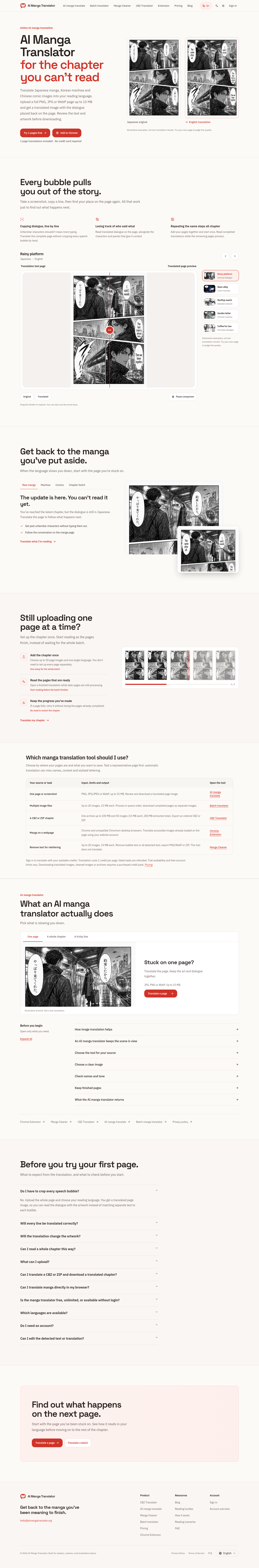aimangatranslate.org — Hero + Features + FAQ