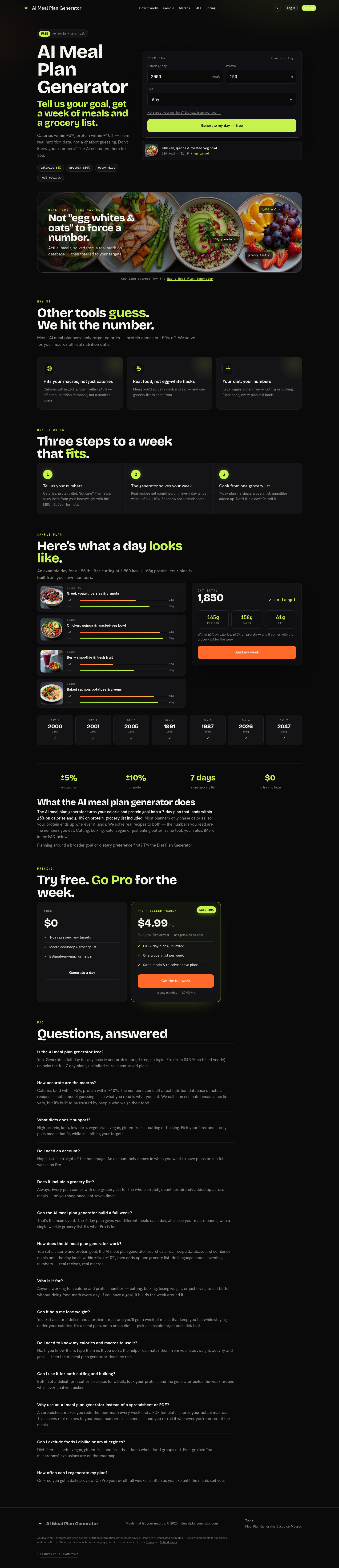 Nav section of aimealplangenerator.com
