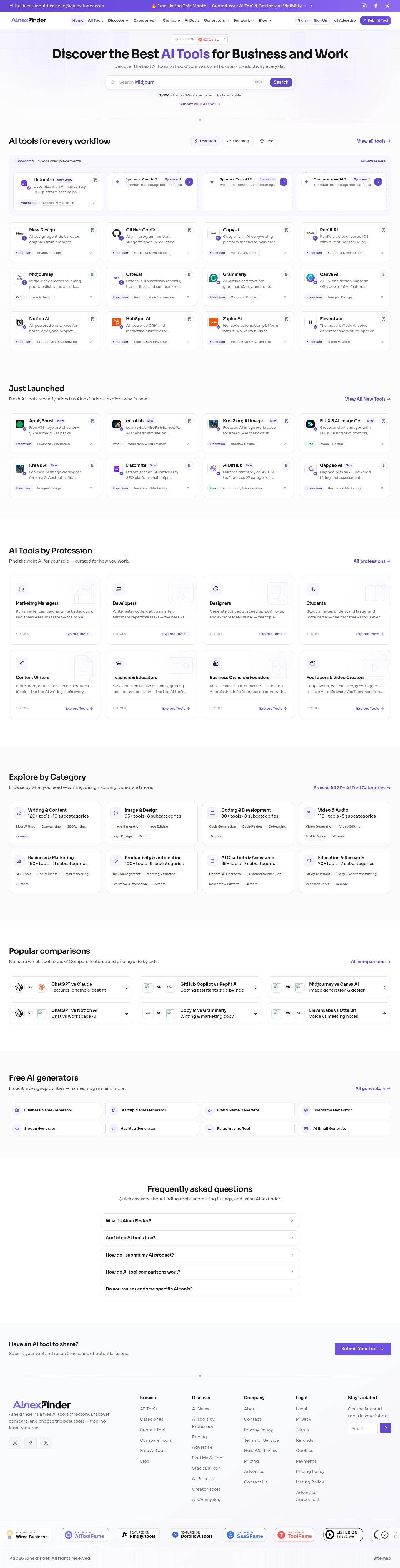 Nav section of ainexfinder.com