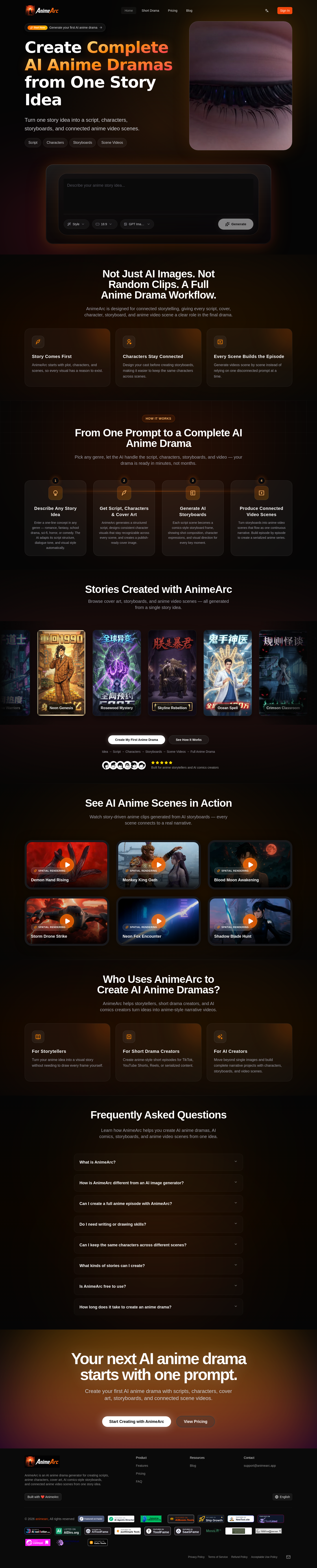 Hero section of animearc.app