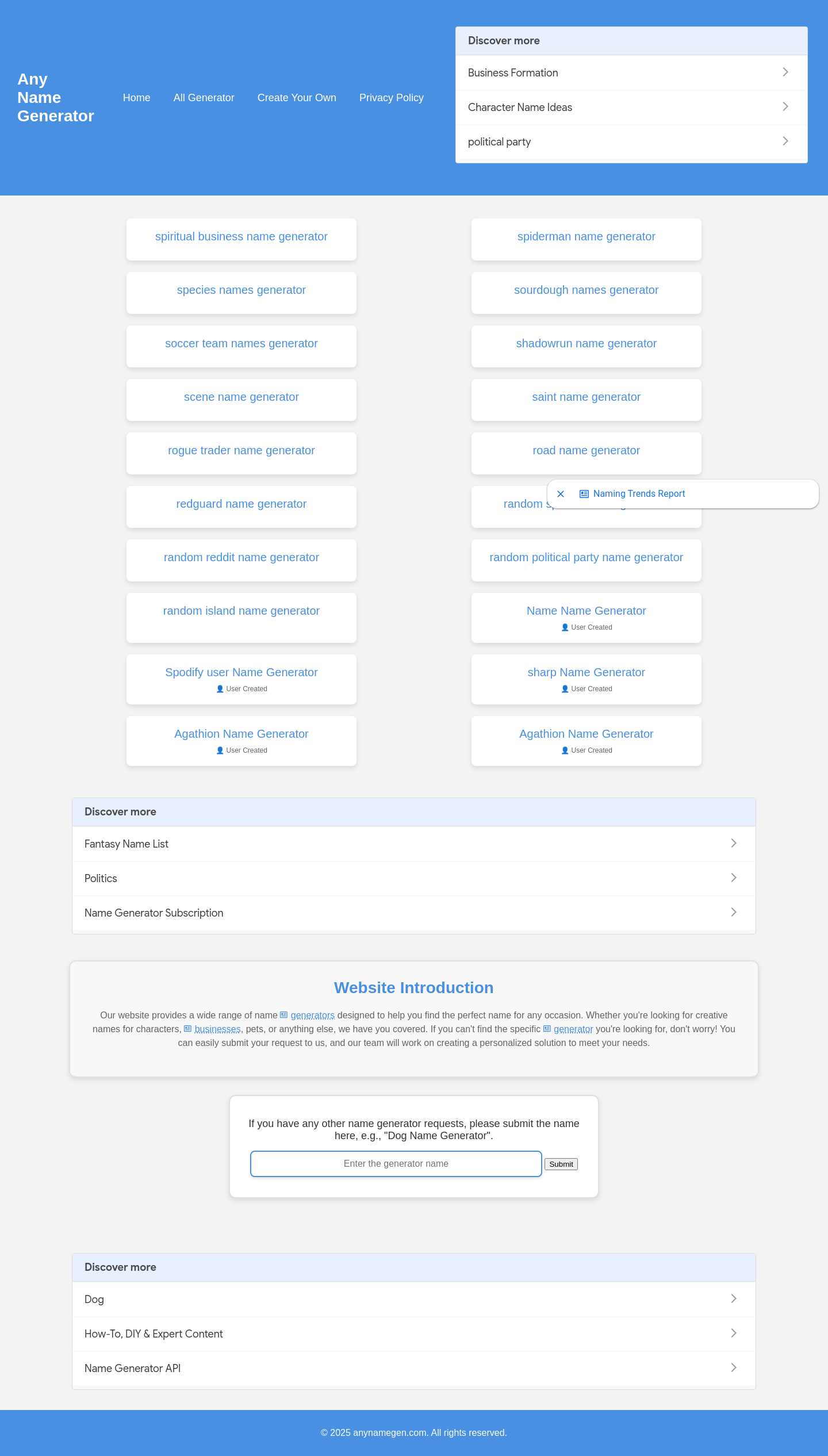 Nav section of anynamegen.com