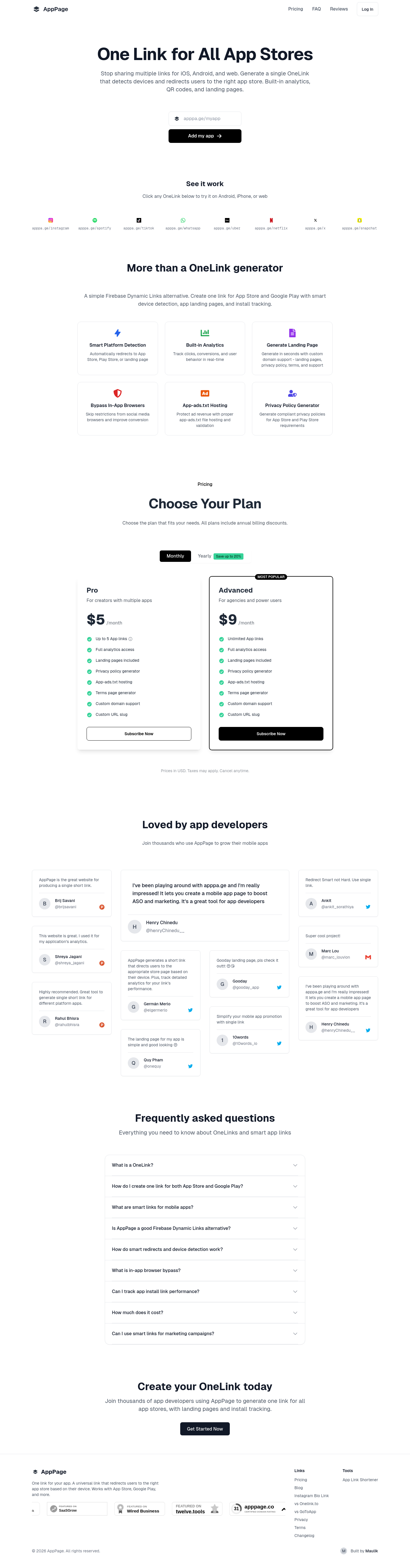Nav section of apppage.co