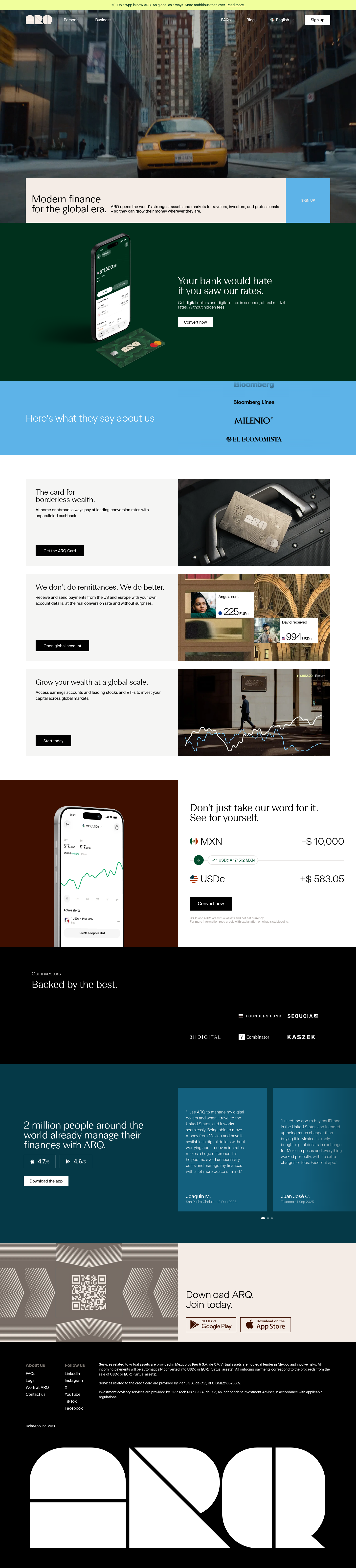Nav section of arqfinance.com