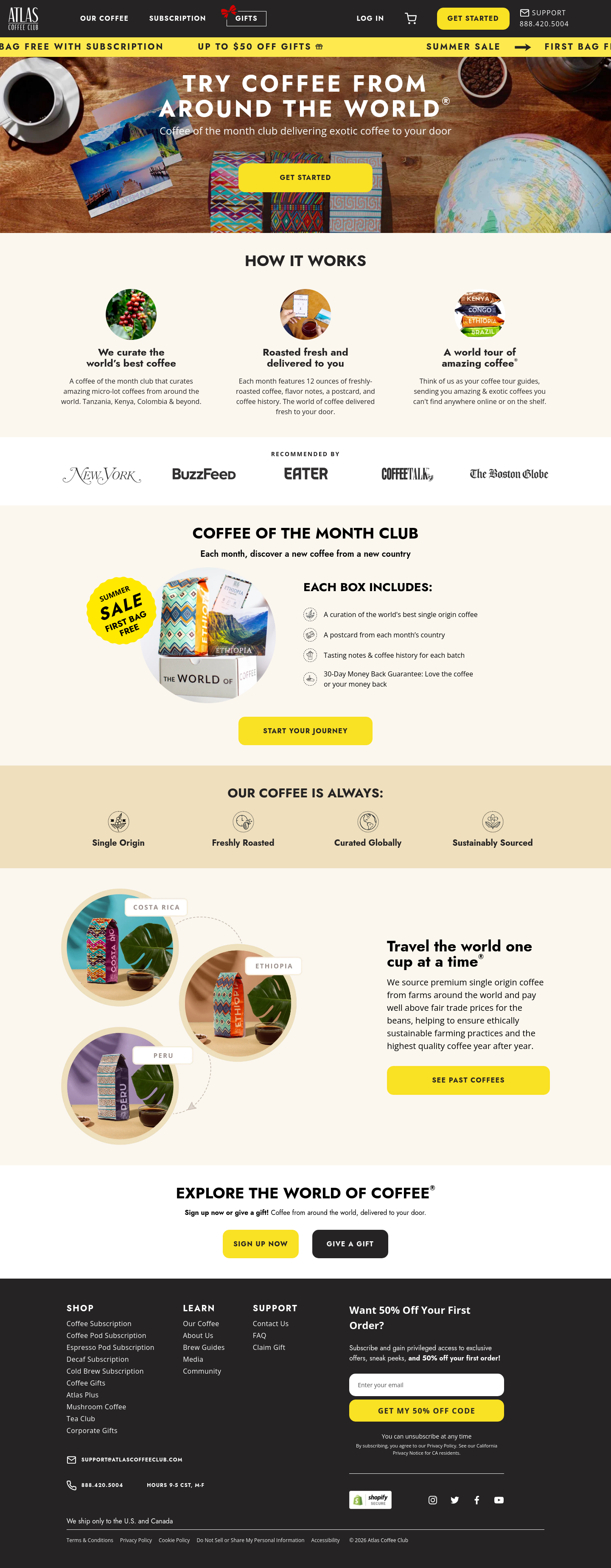 Hero section of atlascoffeeclub.com