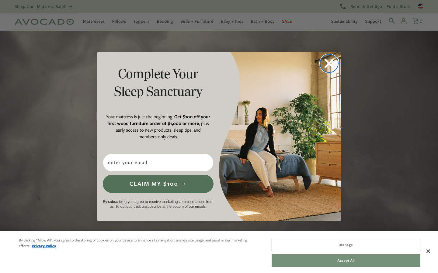 Above-the-fold capture of avocadogreenmattress.com