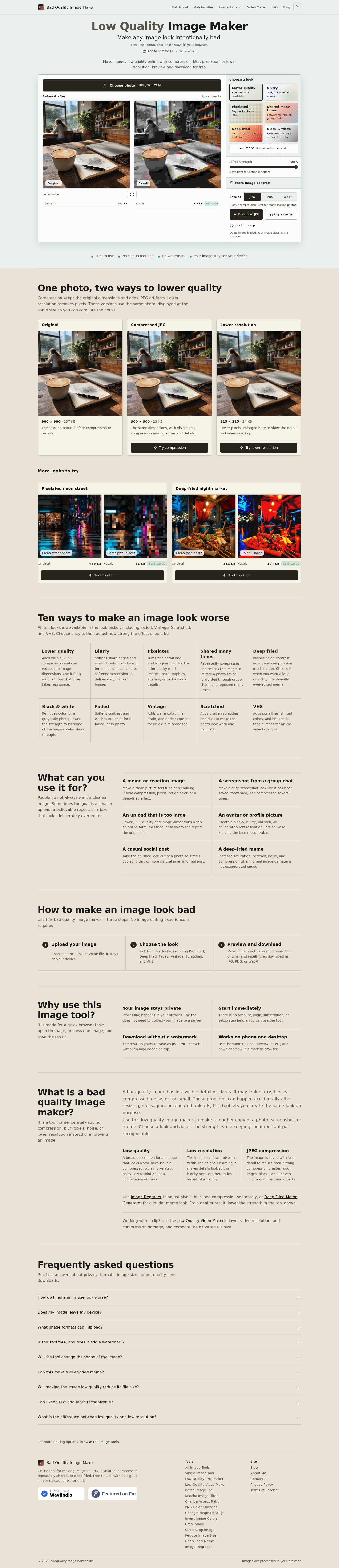 badqualityimagemaker.com FAQ section, Homepage / Lander