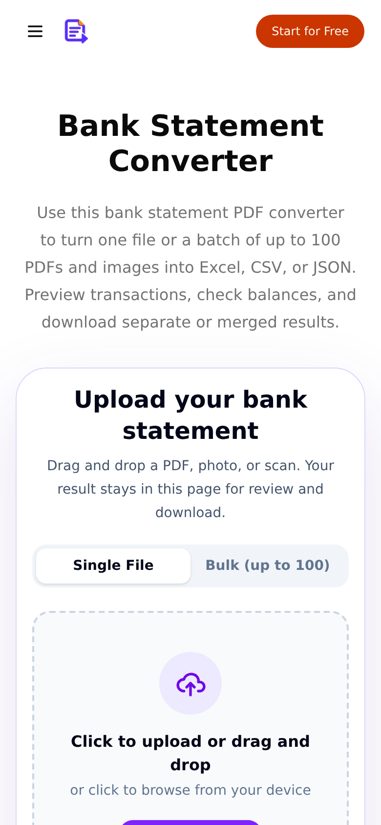 bank-statement-converter.online mobile capture of the first page