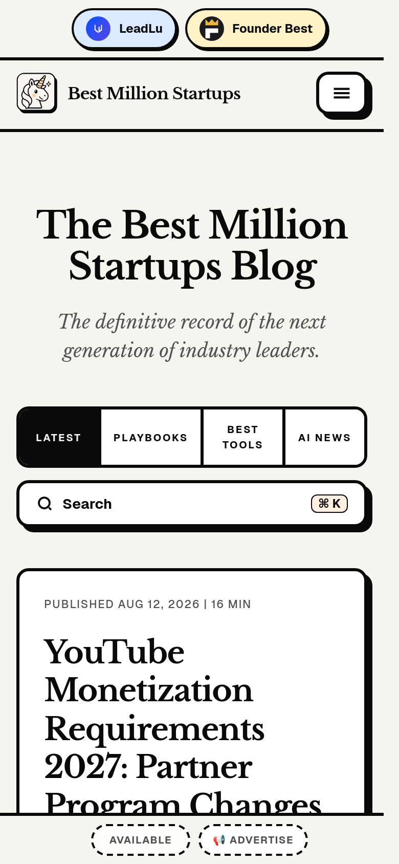 bestmillionstartups.com mobile capture of the first page