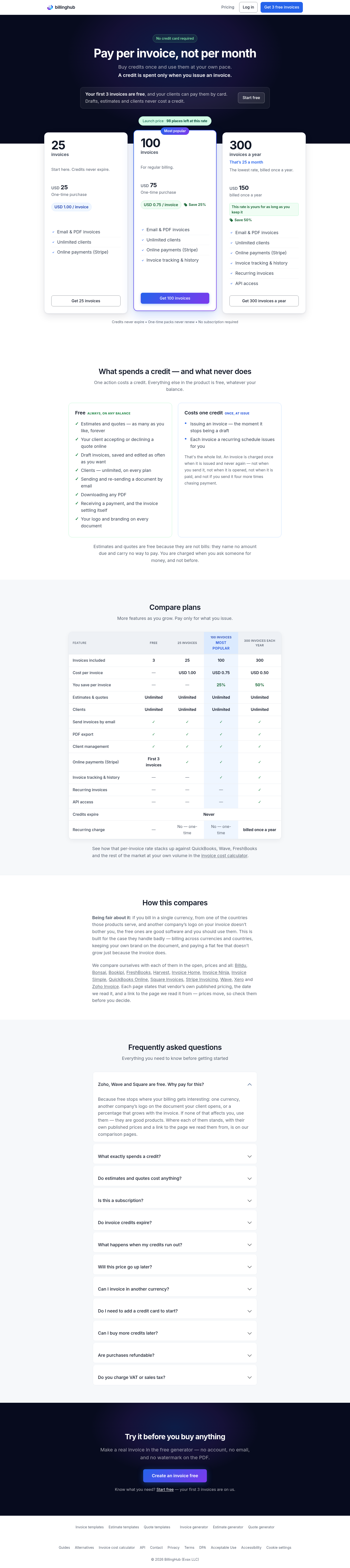 billinghub.online Comparison section, Pricing
