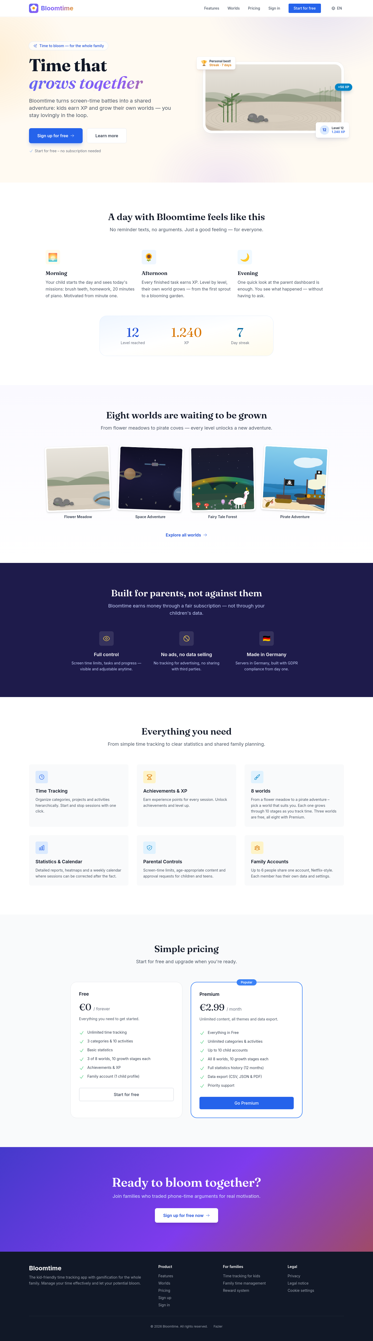Nav section of bloomtime.app
