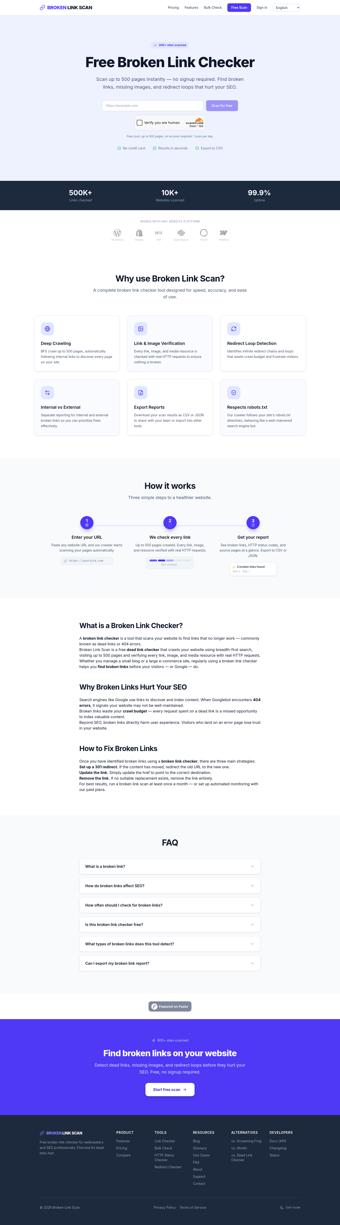 Nav section of brokenlinkscan.com