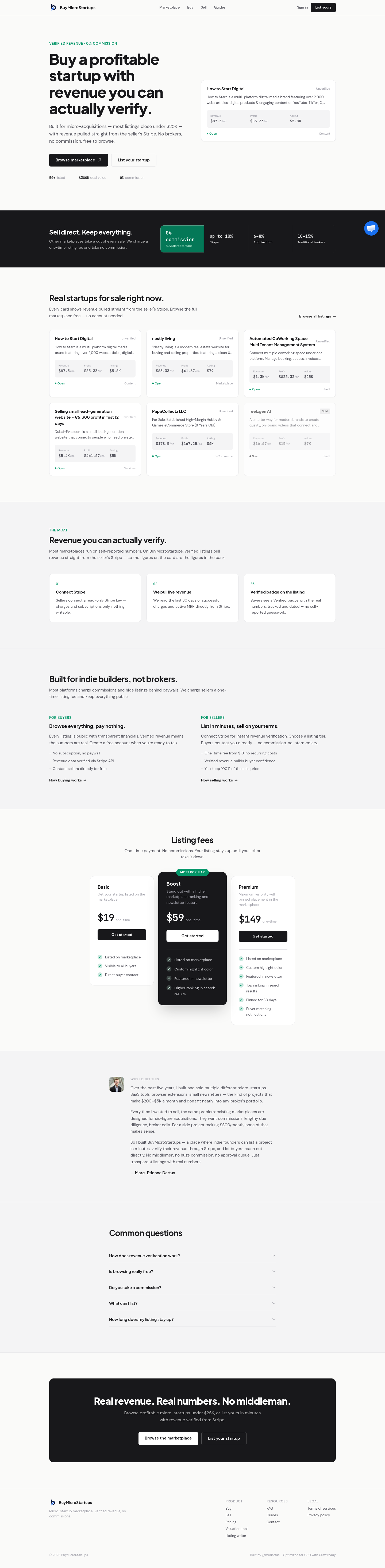 Nav section of buymicrostartups.com