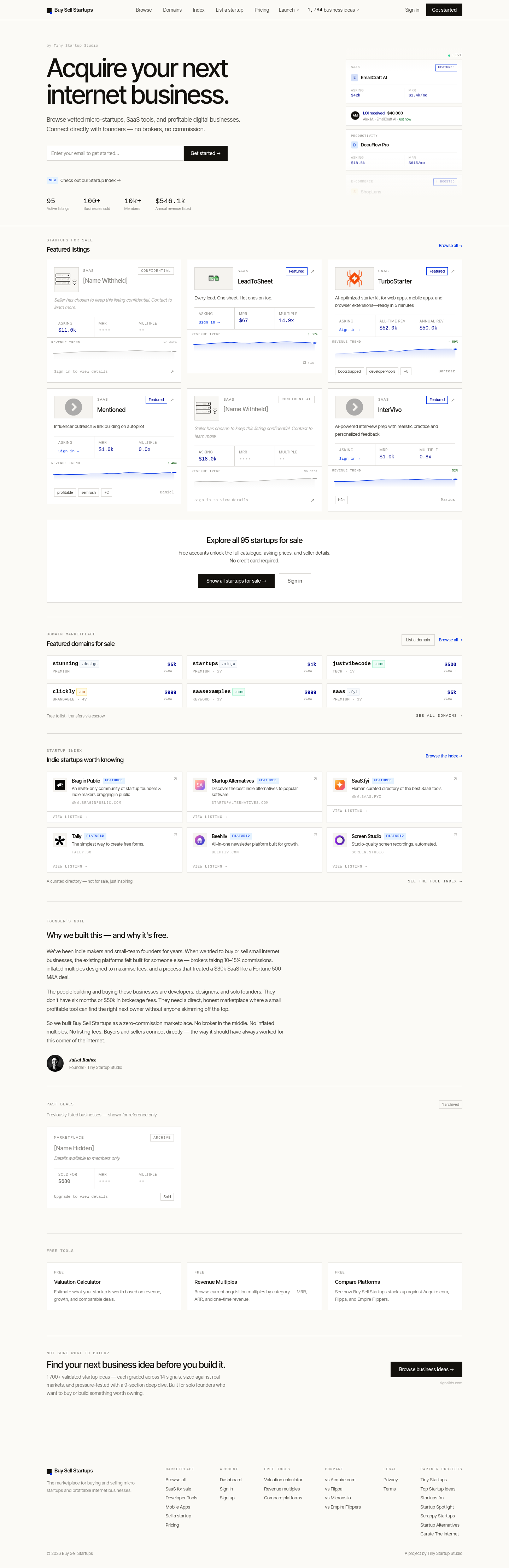 Nav section of buysellstartups.com
