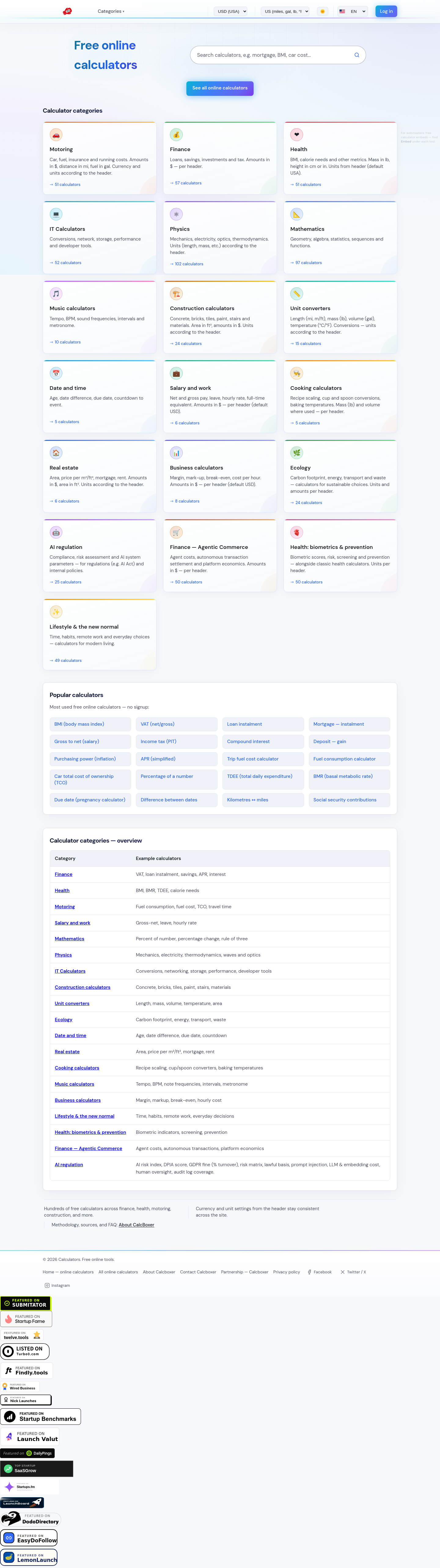 Nav section of calcboxer.com