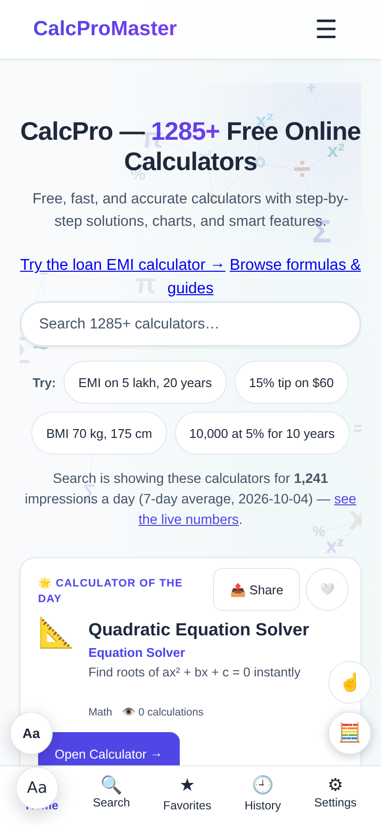 calcpromaster.com mobile capture of the first page