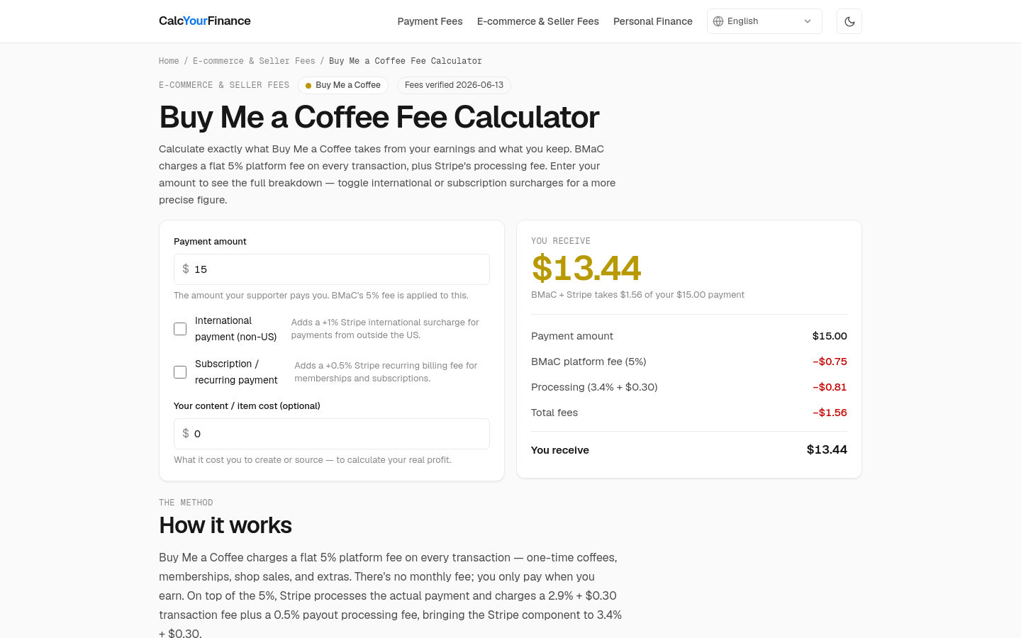 Buy Me A Coffee Fee Calculator