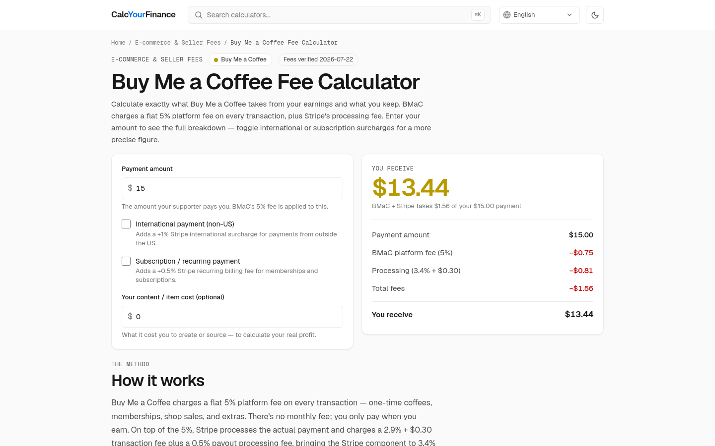 Buy Me A Coffee Fee Calculator