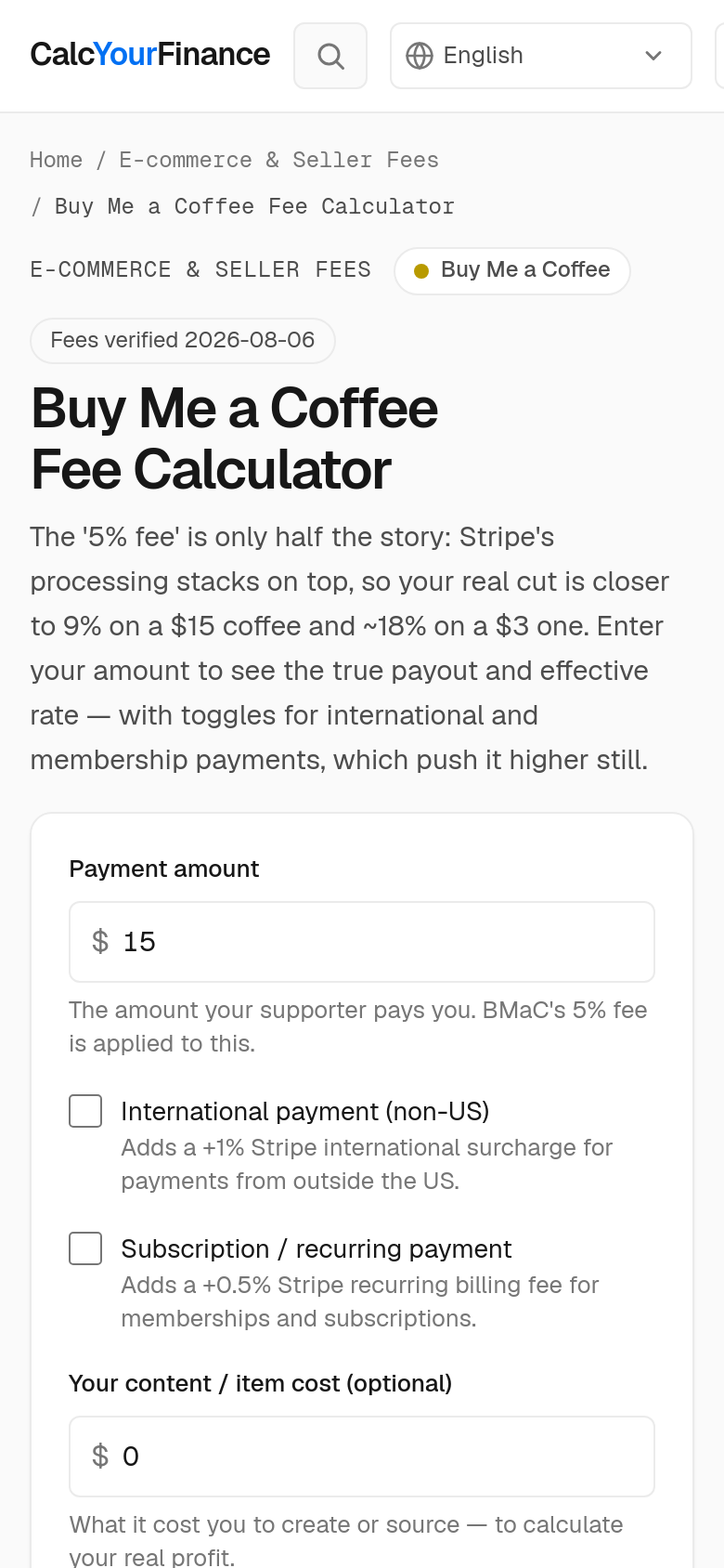 Buy Me A Coffee Fee Calculator
