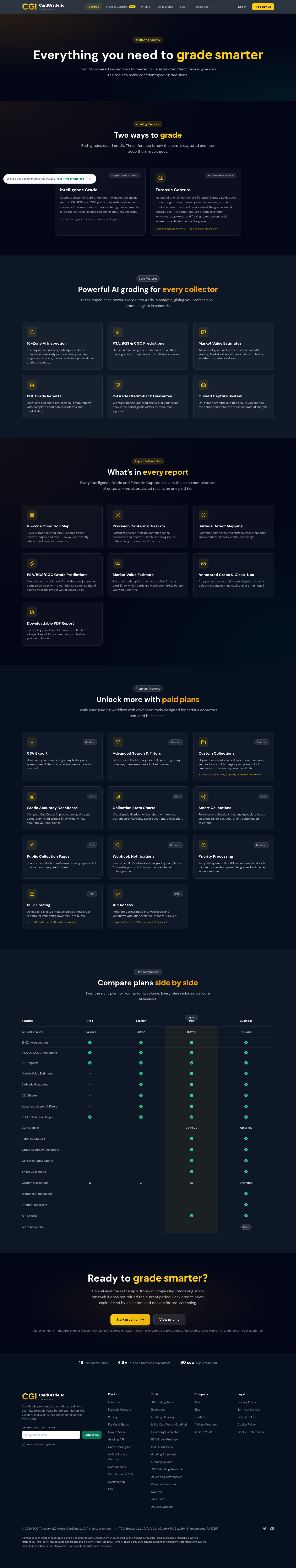 cardgrade.io Comparison section, Features