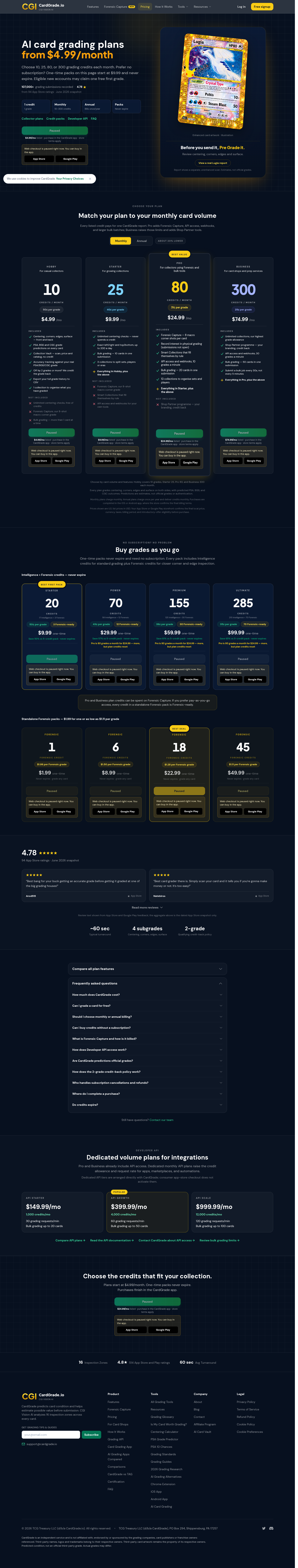 cardgrade.io Hero section, Pricing