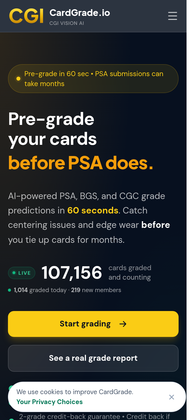 cardgrade.io mobile capture of the first page