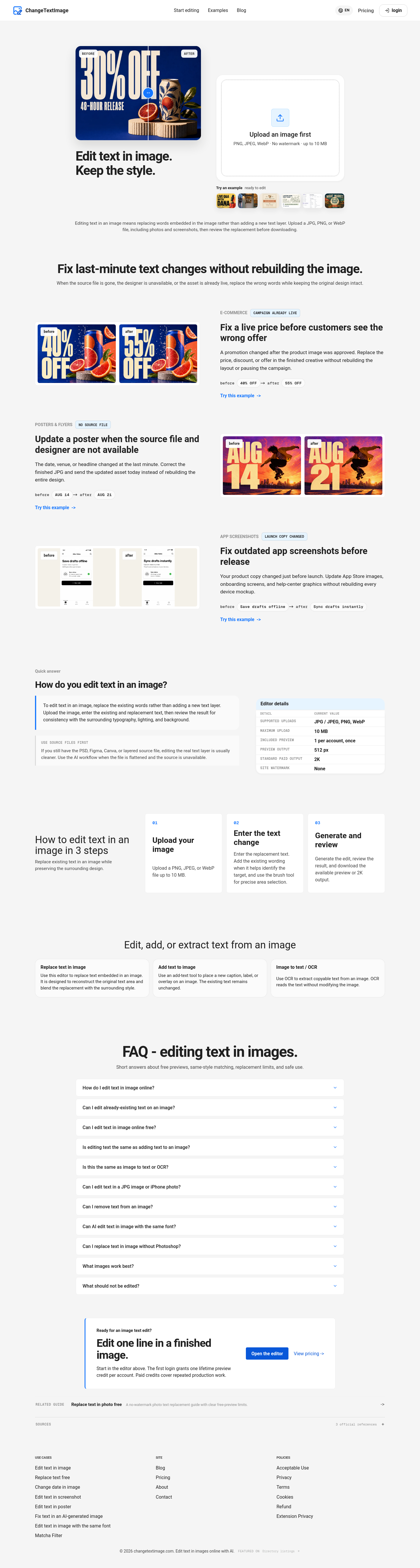 Nav section of changetextimage.com