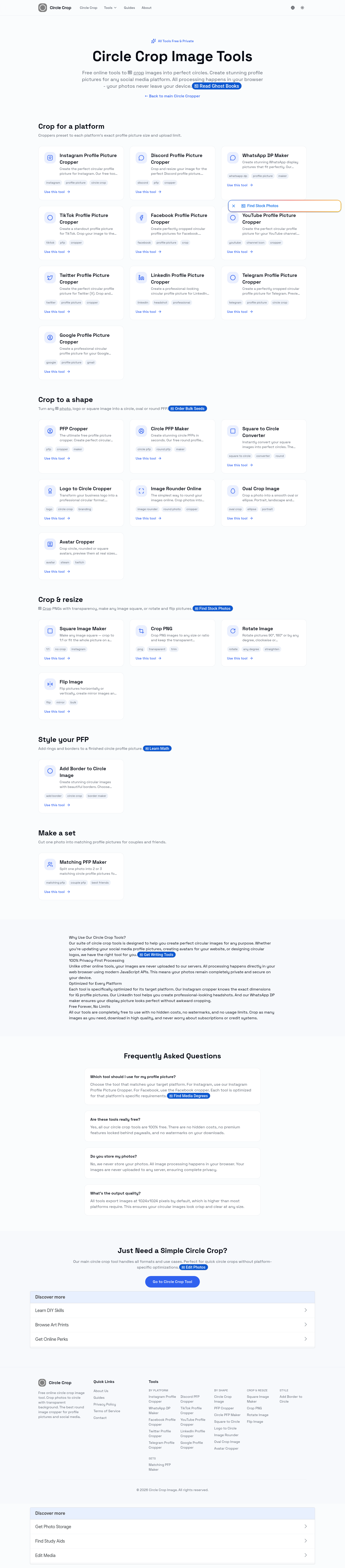 circlecropimage.dev — Hero + Features + FAQ