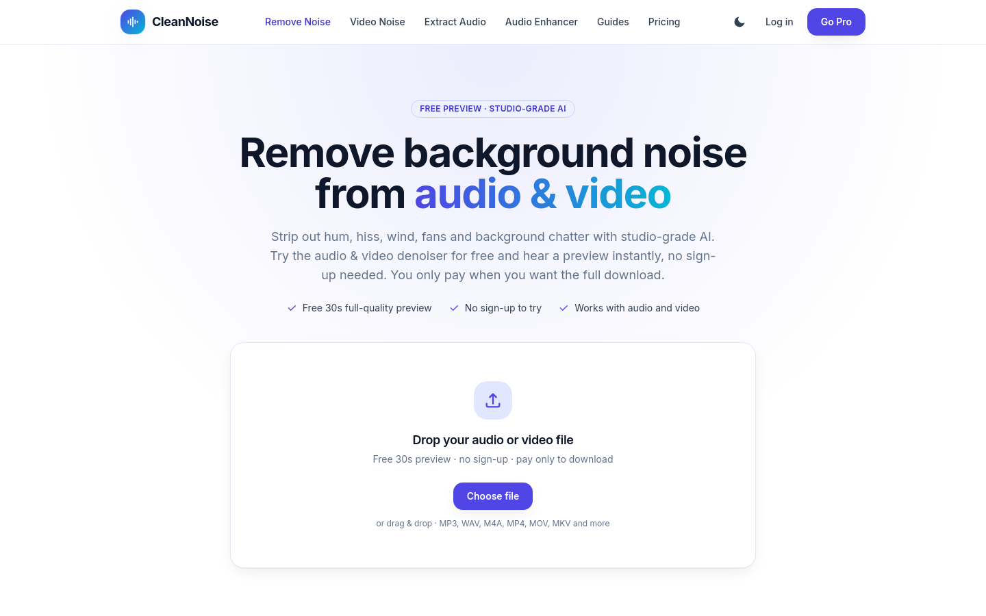 cleannoise.app desktop capture of the first page