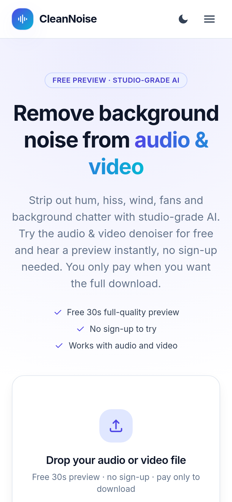 cleannoise.app mobile capture of the first page