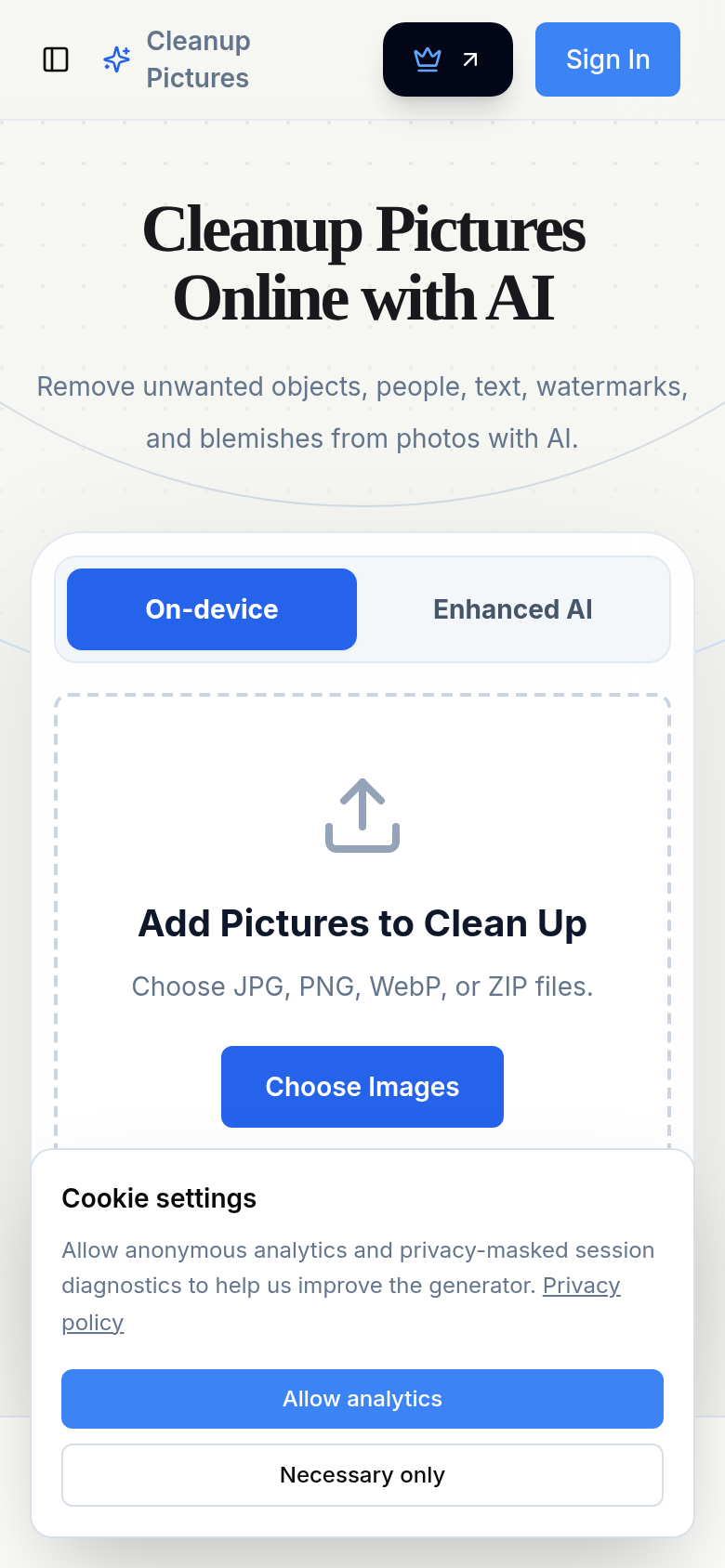 cleanuppictures.pro mobile capture of the first page