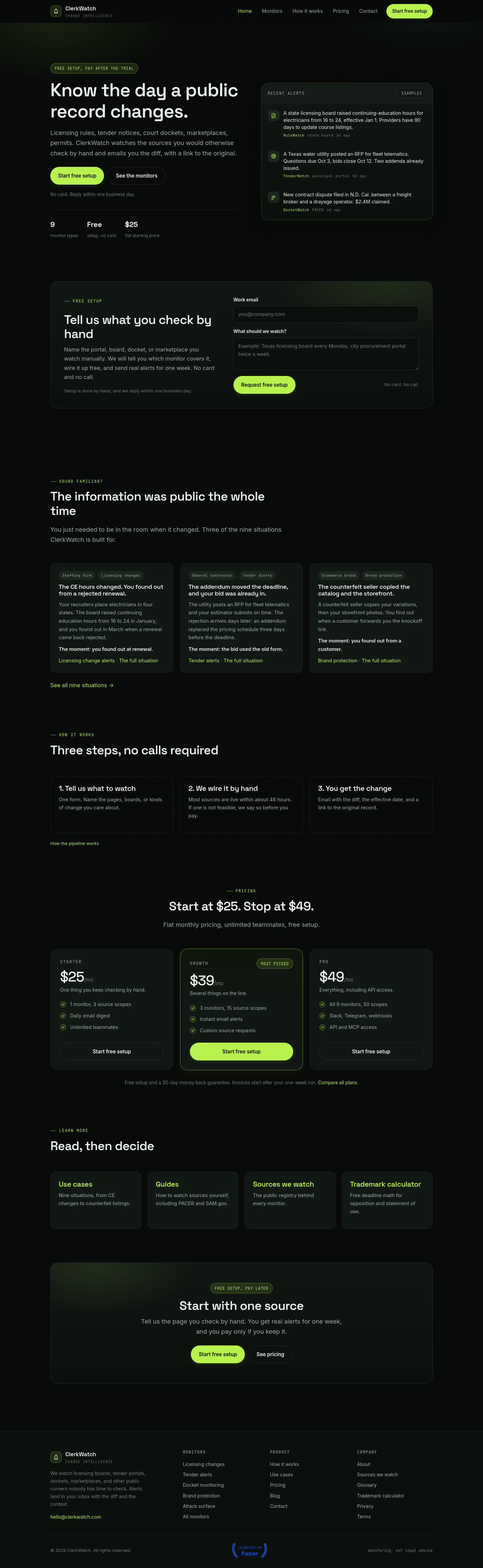 clerkwatch.com — Hero + Pricing