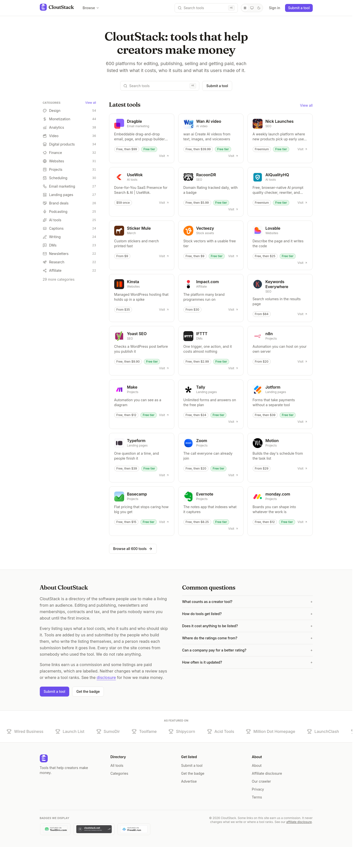 Nav section of cloutstack.net