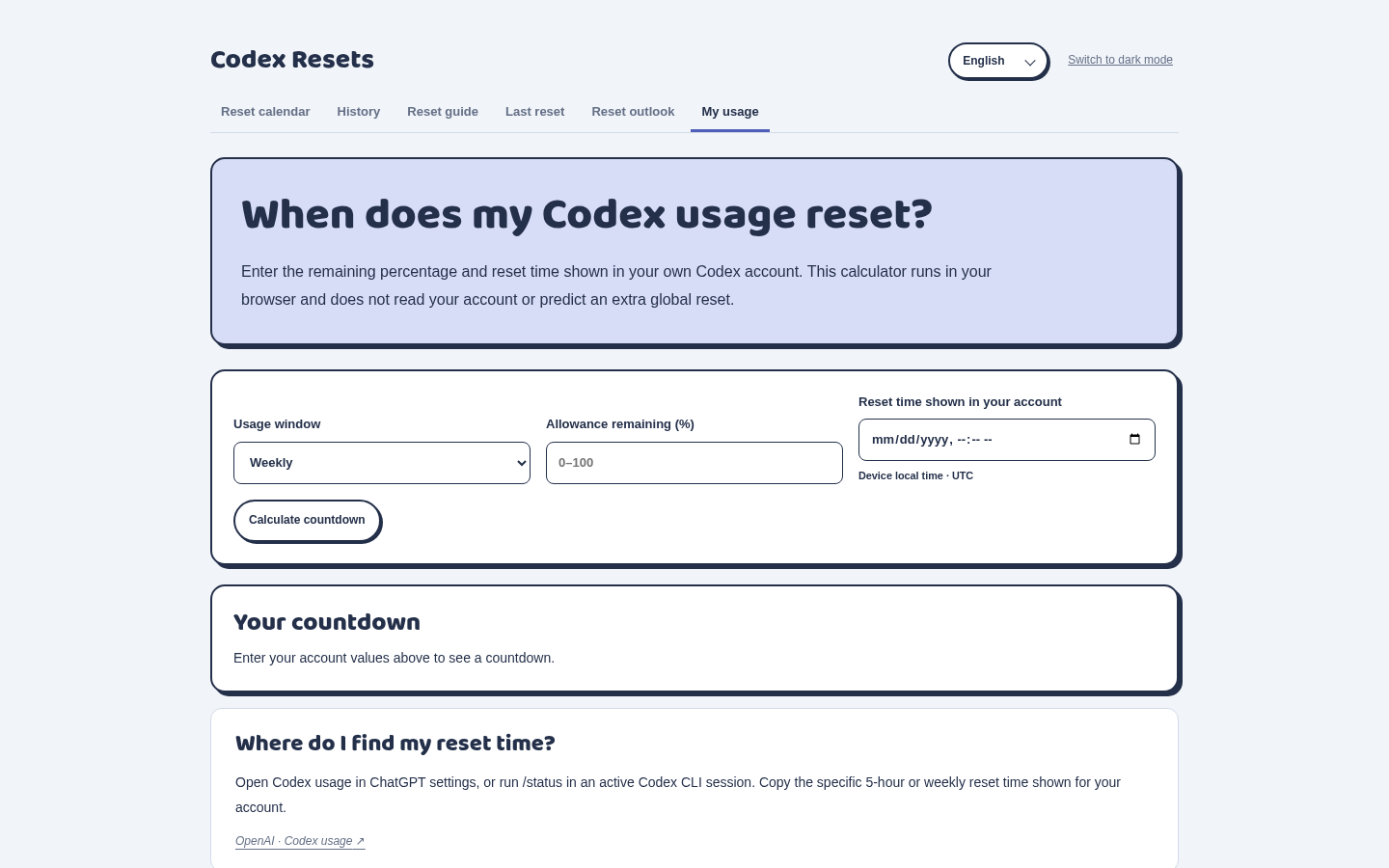 codex-resets-tracker.com desktop capture of the first page