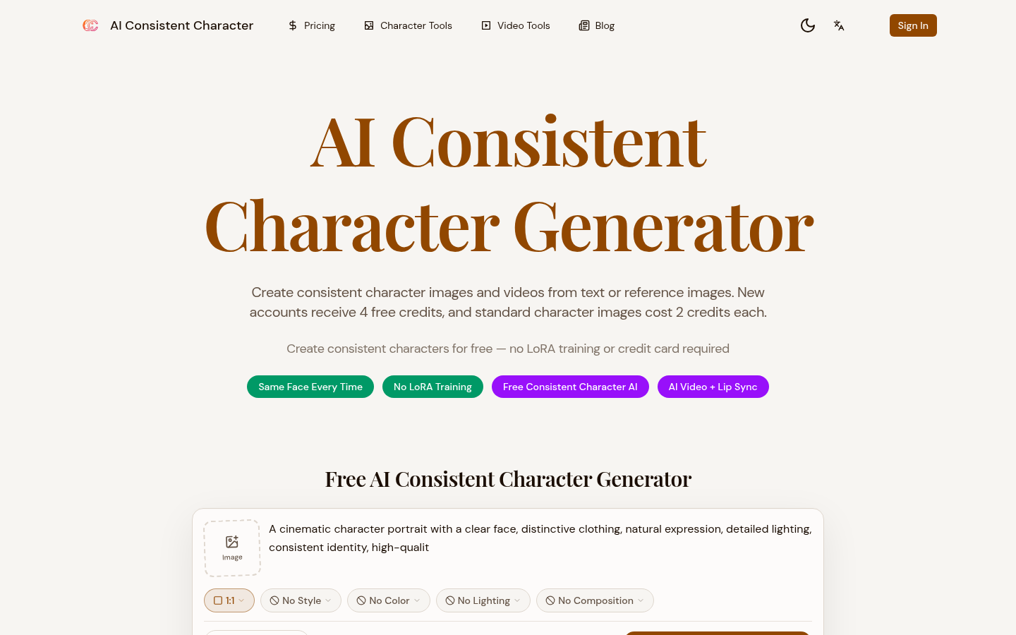 consistent-character-ai.com desktop capture of the first page