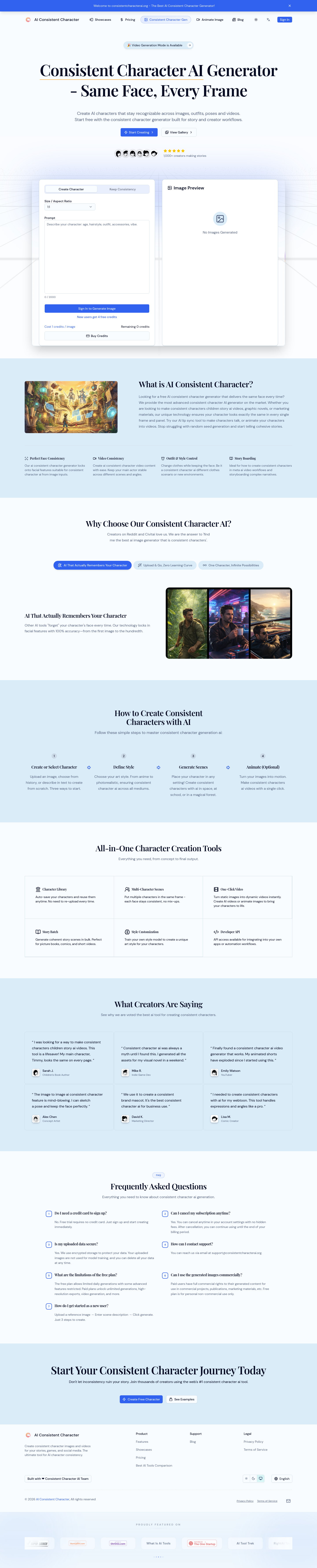 Hero section of consistentcharacterai.org