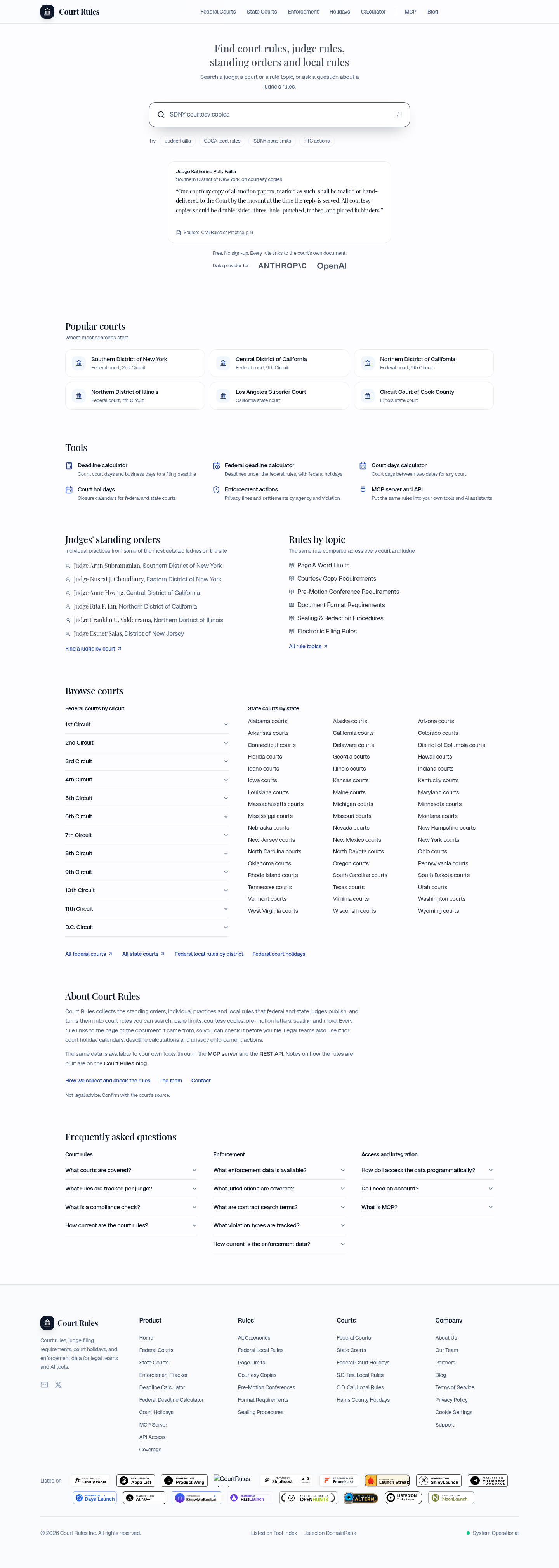 courtrules.app FAQ section, Homepage / Lander