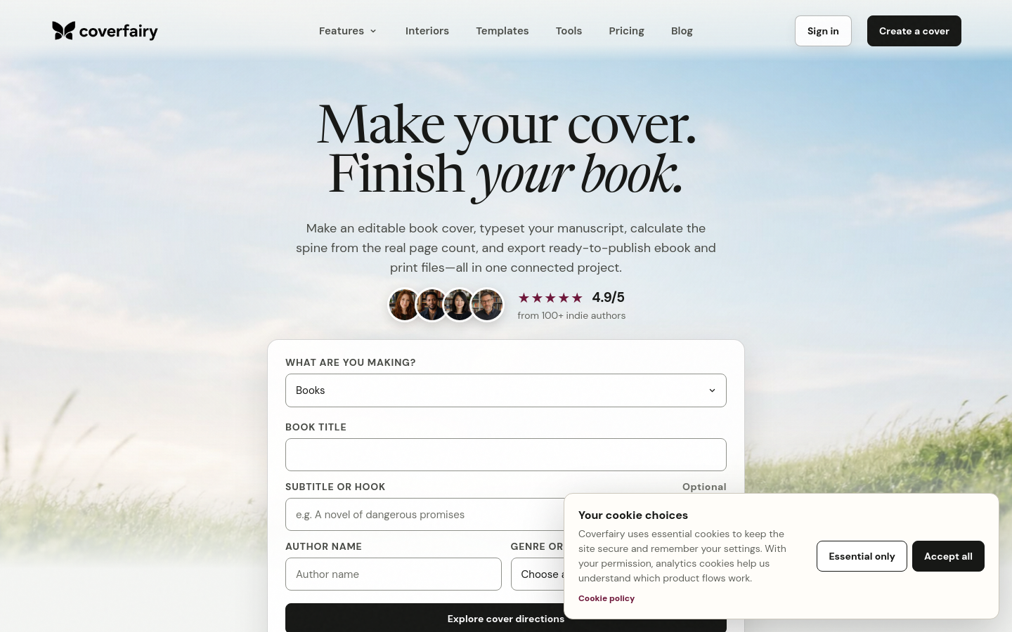 Above-the-fold capture of coverfairy.com