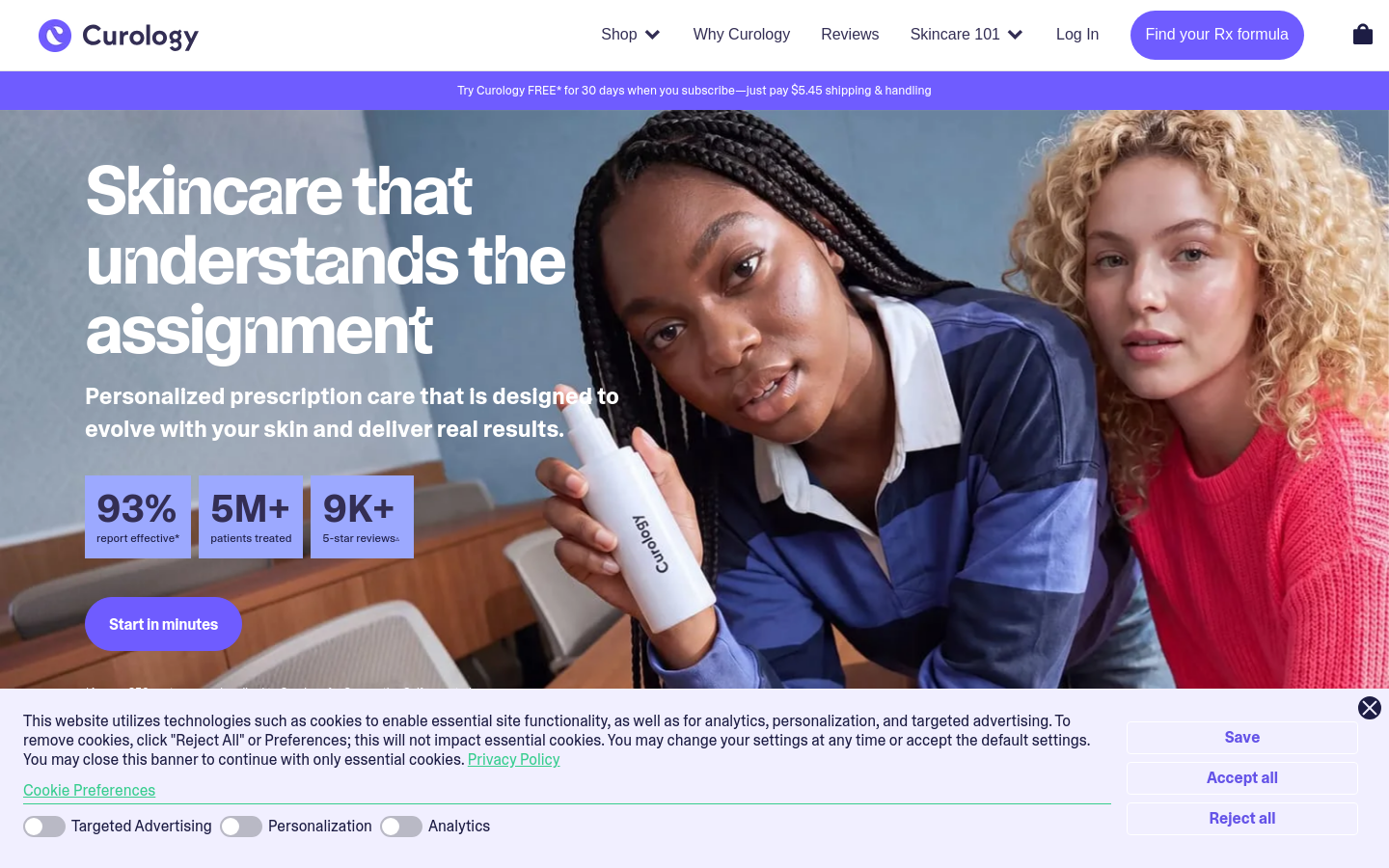 Above-the-fold capture of curology.com