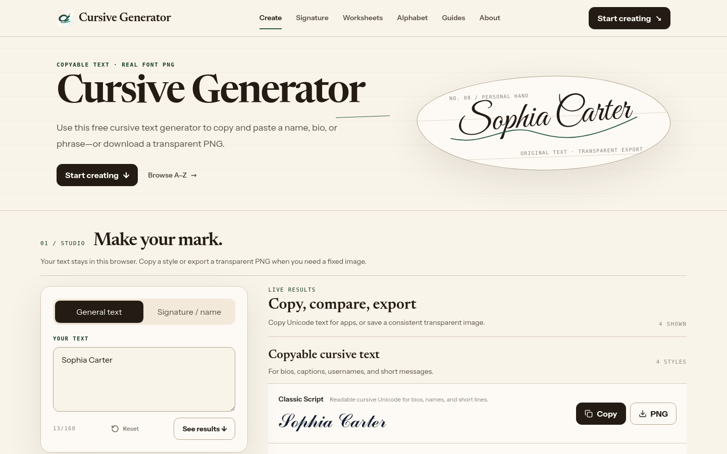 cursivegenerator.work desktop capture of the first page
