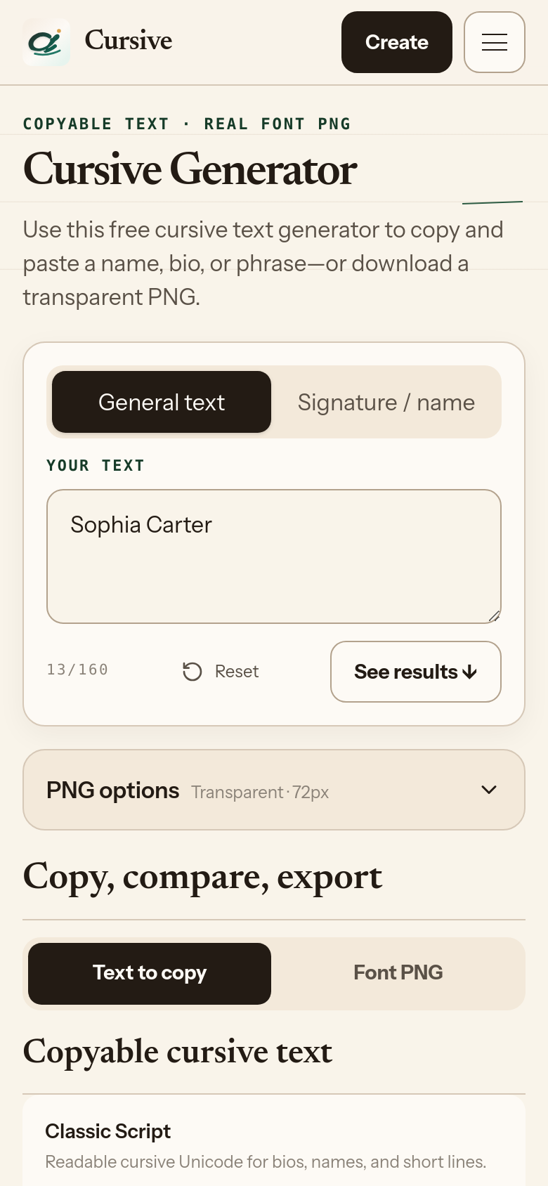 cursivegenerator.work mobile capture of the first page