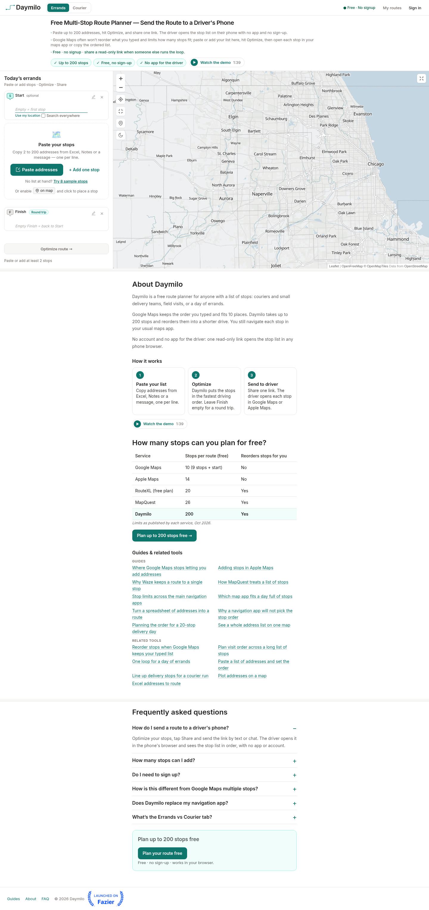 daymilo.com FAQ section, Homepage / Lander