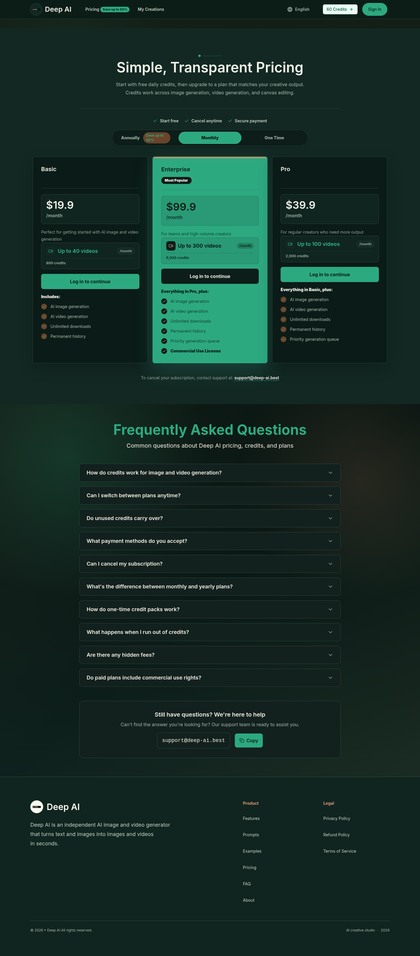 deep-ai.best FAQ section, Pricing