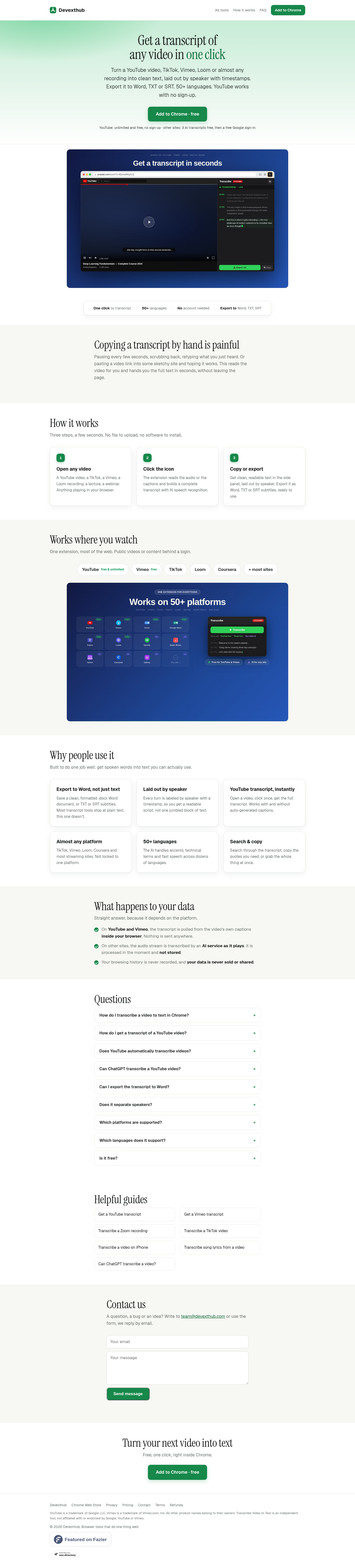 devexthub.com FAQ section, Transcribe Video To Text