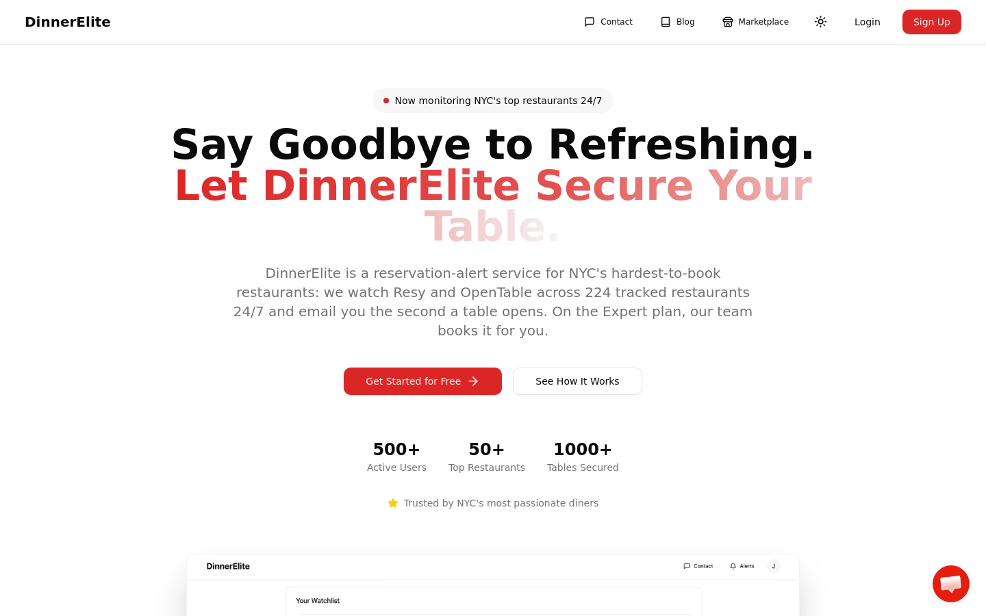 Above-the-fold capture of dinnerelite.com