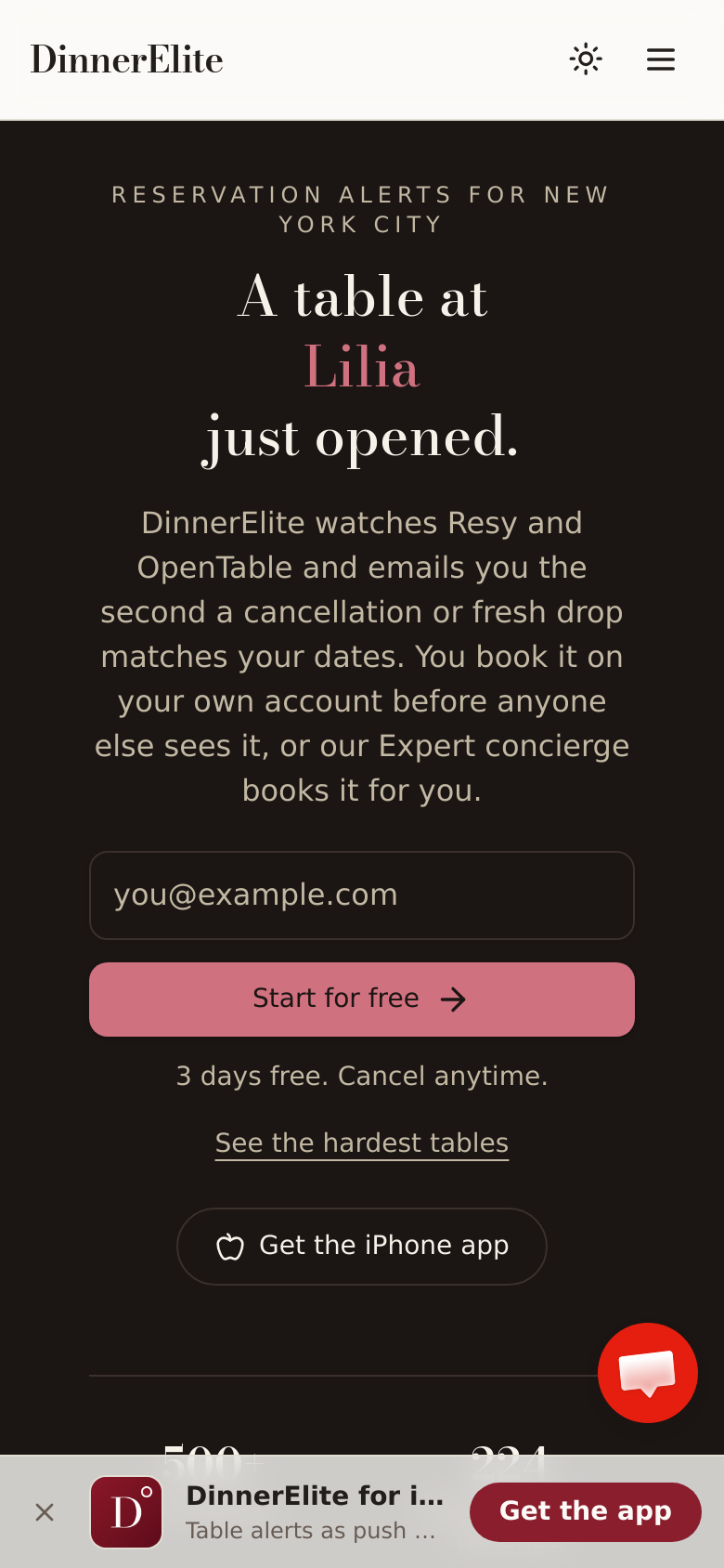 dinnerelite.com mobile capture of the first page