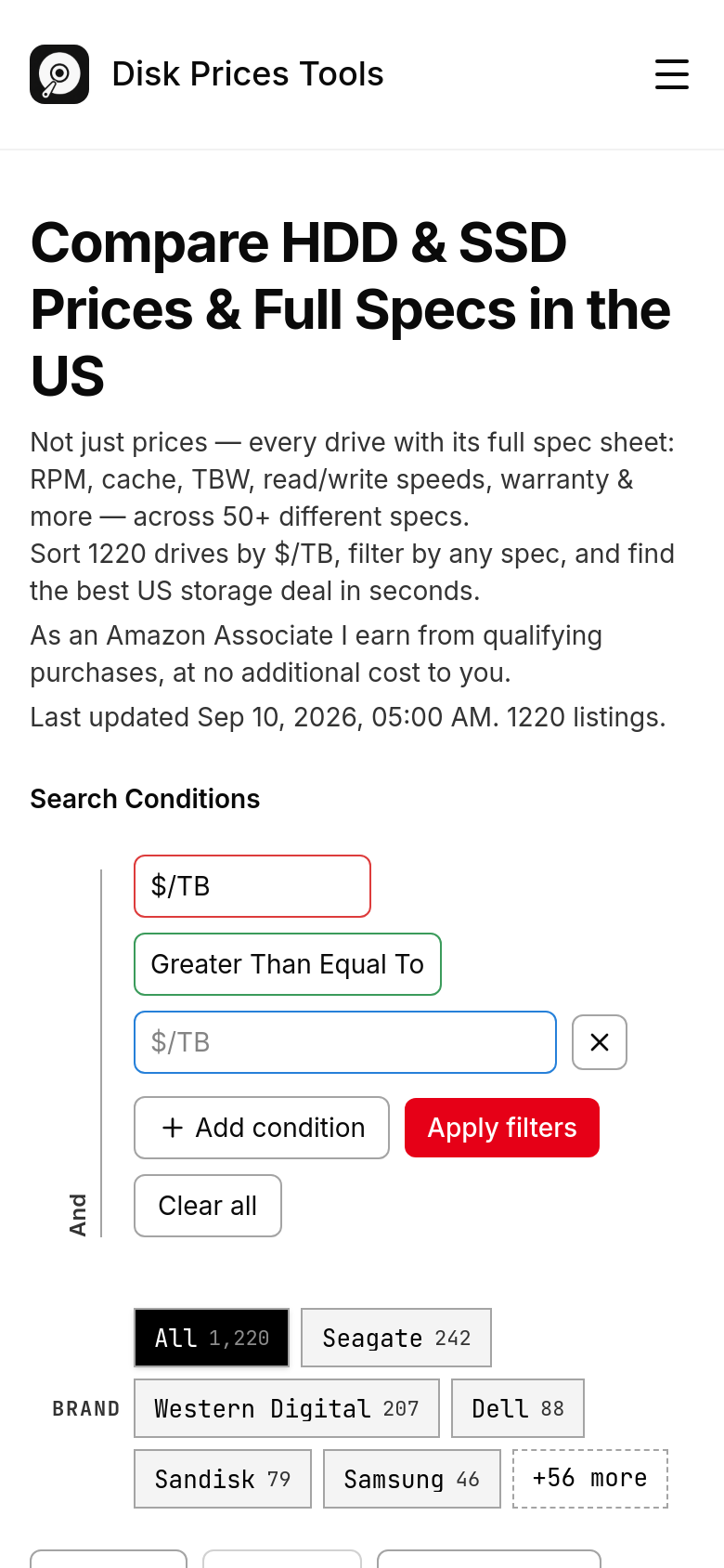 diskprices.tools mobile capture of the first page