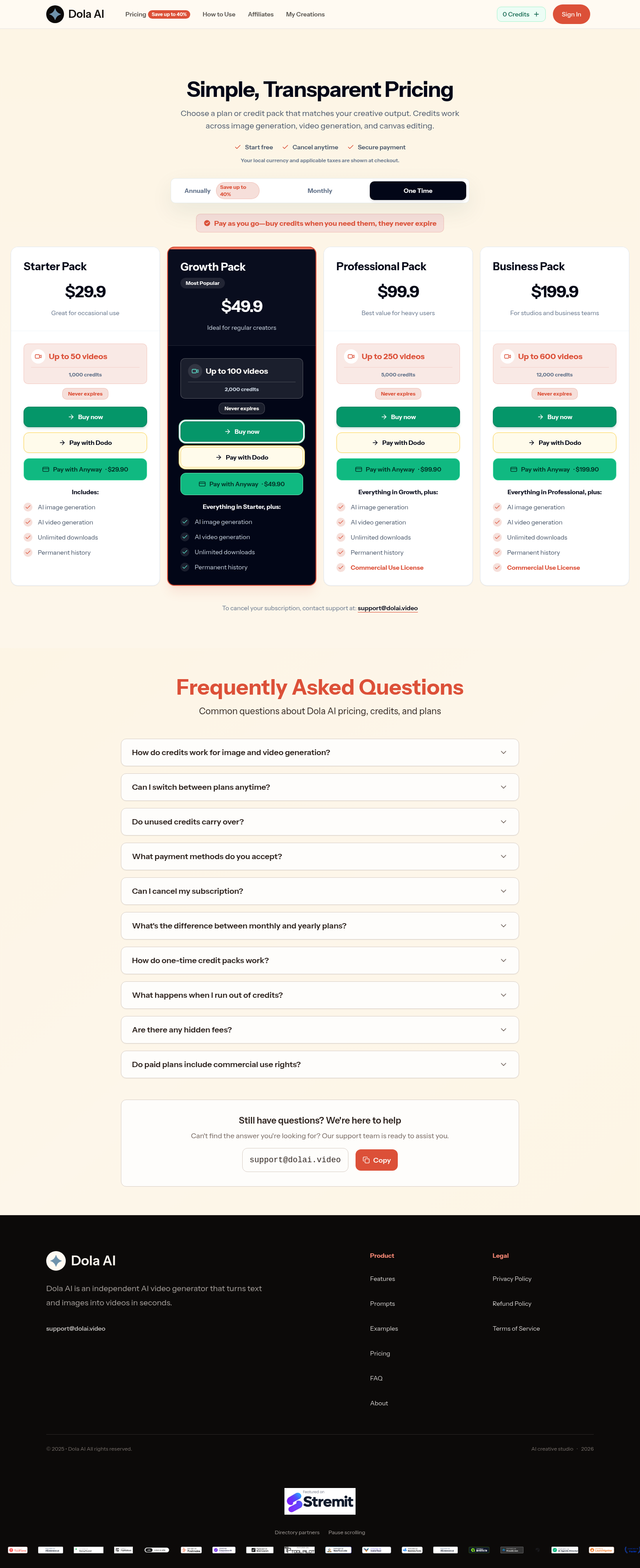dolai.video FAQ section, Pricing